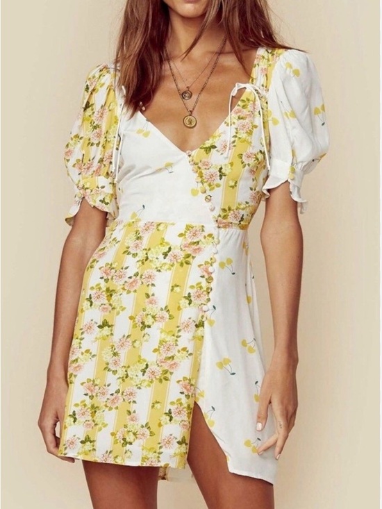 For Love And Lemons Dresses & Skirts - For Love & Lemons White and Yellow Floral Puff-Sleeve Mini Dress